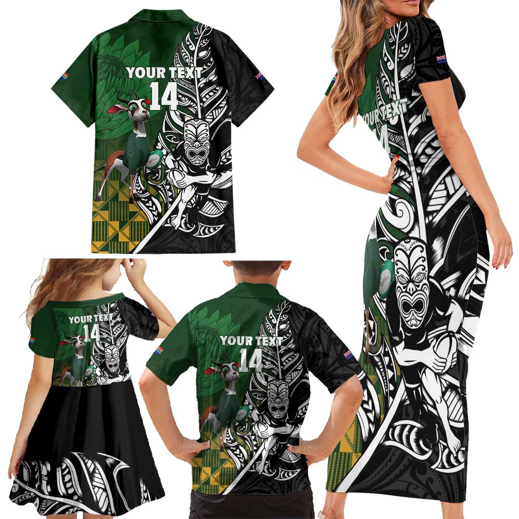 New Zealand and South Africa Rugby Custom Family Matching Short Sleeve Bodycon Dress and Hawaiian Shirt Maori Tiki Fern Springboks Kente Pattern LT14 - Polynesian Pride