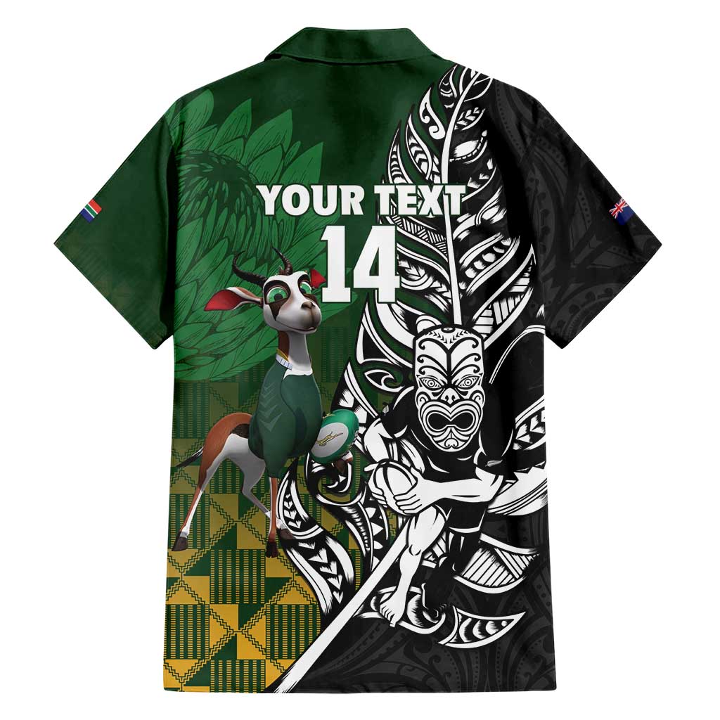 New Zealand and South Africa Rugby Custom Family Matching Short Sleeve Bodycon Dress and Hawaiian Shirt Maori Tiki Fern Springboks Kente Pattern LT14 - Polynesian Pride