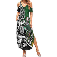 New Zealand and South Africa Rugby Custom Family Matching Summer Maxi Dress and Hawaiian Shirt Maori Tiki Fern Springboks Kente Pattern LT14 Mom's Dress Green - Polynesian Pride