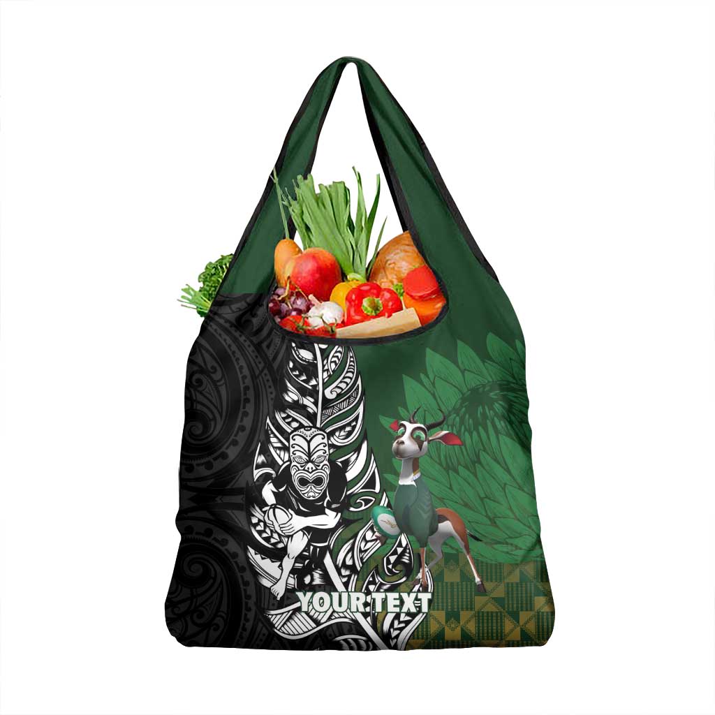 New Zealand and South Africa Rugby Custom Grocery Bag Maori Tiki Fern Springboks Kente Pattern LT14 1-pack One Size Green - Polynesian Pride