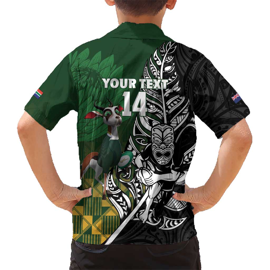 New Zealand and South Africa Rugby Custom Kid Hawaiian Shirt Maori Tiki Fern Springboks Kente Pattern LT14 - Polynesian Pride