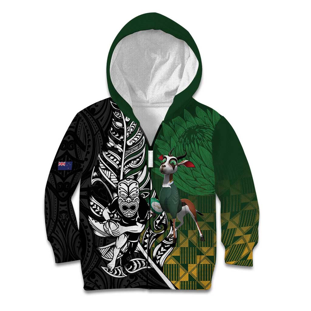 New Zealand and South Africa Rugby Custom Kid Hoodie Maori Tiki Fern Springboks Kente Pattern LT14 Zip Hoodie Green - Polynesian Pride