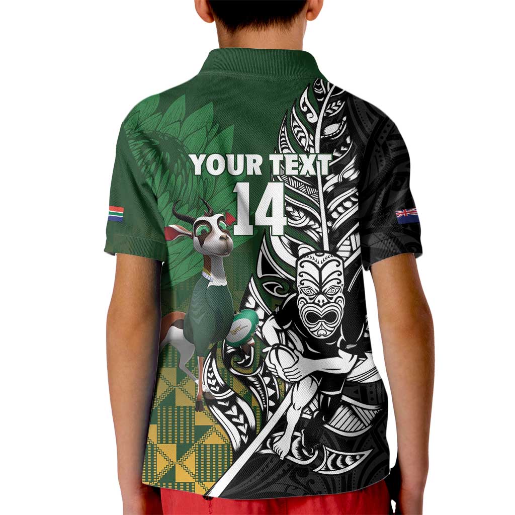 New Zealand and South Africa Rugby Custom Kid Polo Shirt Maori Tiki Fern Springboks Kente Pattern LT14 - Polynesian Pride