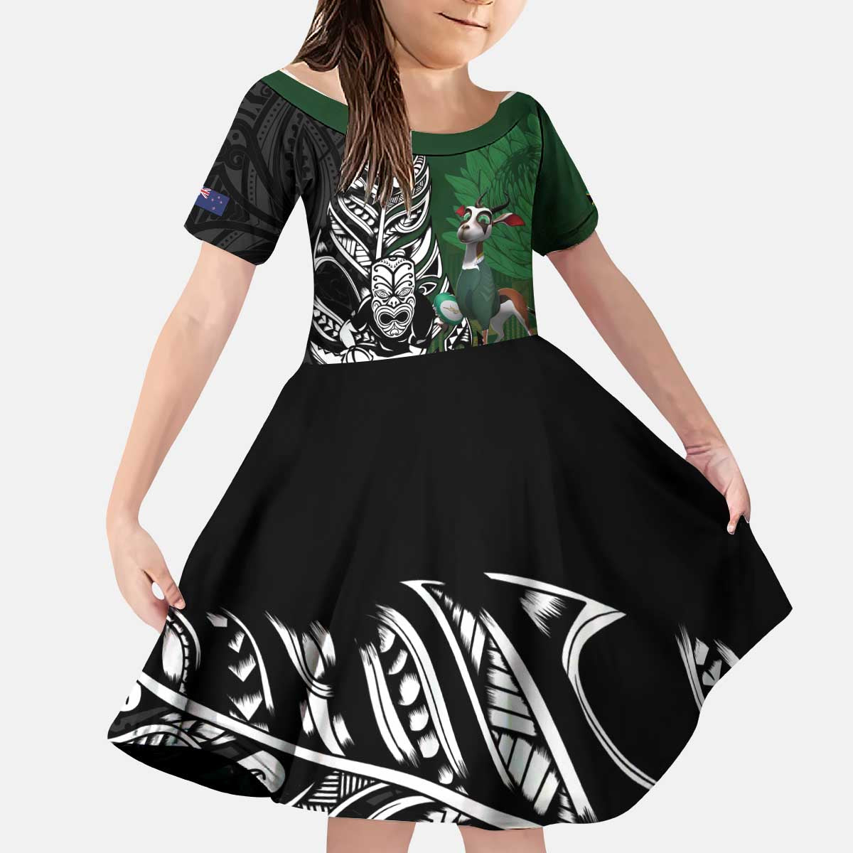 New Zealand and South Africa Rugby Custom Kid Short Sleeve Dress Maori Tiki Fern Springboks Kente Pattern LT14 KID Green - Polynesian Pride