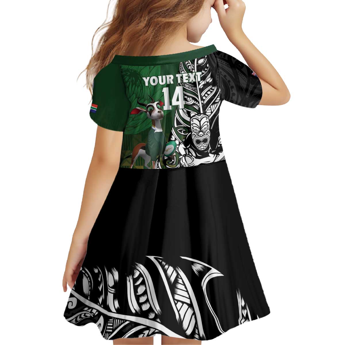 New Zealand and South Africa Rugby Custom Kid Short Sleeve Dress Maori Tiki Fern Springboks Kente Pattern LT14 - Polynesian Pride