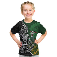 New Zealand and South Africa Rugby Custom Kid T Shirt Maori Tiki Fern Springboks Kente Pattern LT14 Green - Polynesian Pride