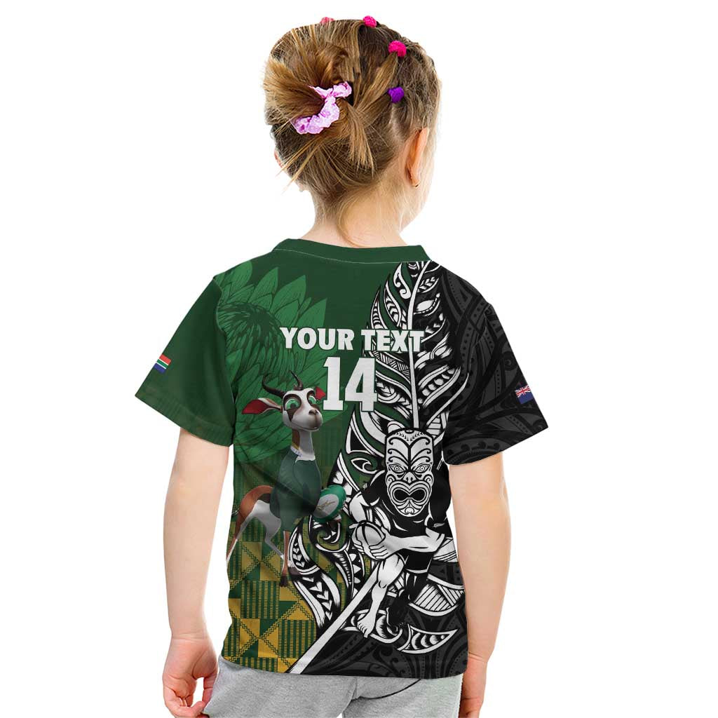New Zealand and South Africa Rugby Custom Kid T Shirt Maori Tiki Fern Springboks Kente Pattern LT14 - Polynesian Pride