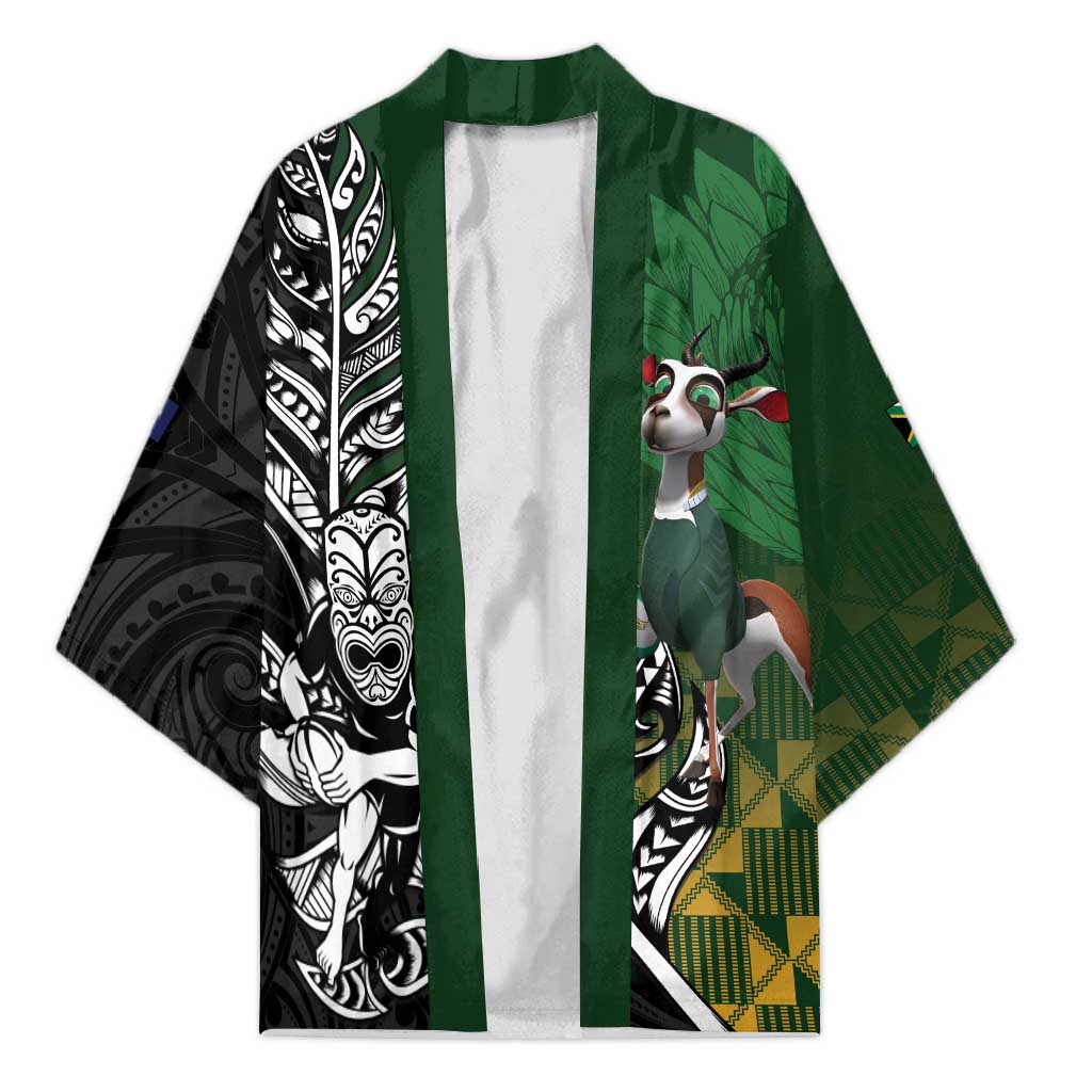 New Zealand and South Africa Rugby Custom Kimono Maori Tiki Fern Springboks Kente Pattern LT14 Unisex Green - Polynesian Pride