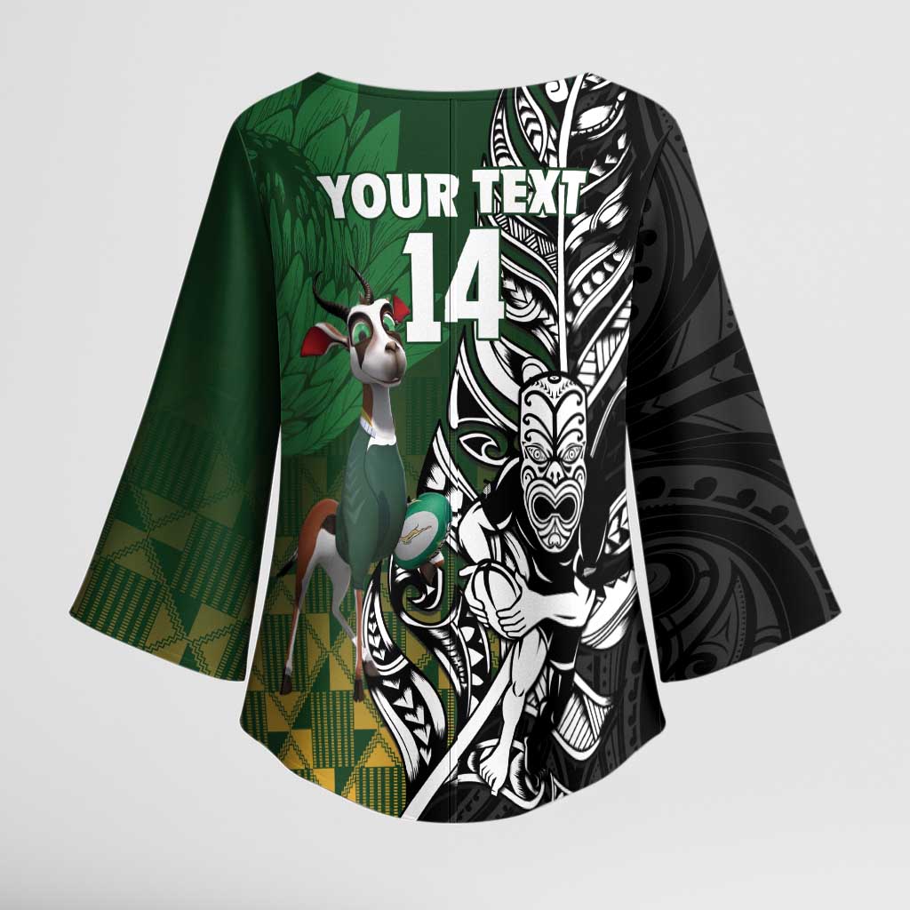 New Zealand and South Africa Rugby Custom Kimono Sleeve Blouse Maori Tiki Fern Springboks Kente Pattern LT14 - Polynesian Pride
