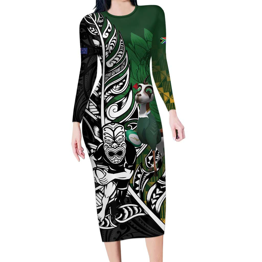 New Zealand and South Africa Rugby Custom Long Sleeve Bodycon Dress Maori Tiki Fern Springboks Kente Pattern LT14 Long Dress Green - Polynesian Pride