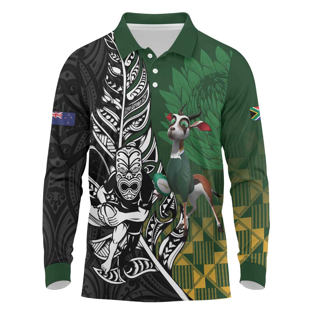 New Zealand and South Africa Rugby Custom Long Sleeve Polo Shirt Maori Tiki Fern Springboks Kente Pattern - Polynesian Pride