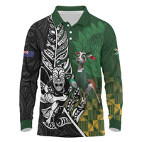 New Zealand and South Africa Rugby Custom Long Sleeve Polo Shirt Maori Tiki Fern Springboks Kente Pattern LT14 Green - Polynesian Pride