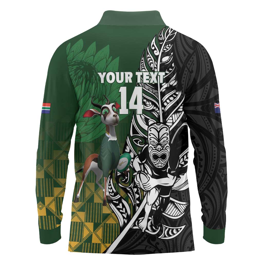 New Zealand and South Africa Rugby Custom Long Sleeve Polo Shirt Maori Tiki Fern Springboks Kente Pattern LT14 - Polynesian Pride