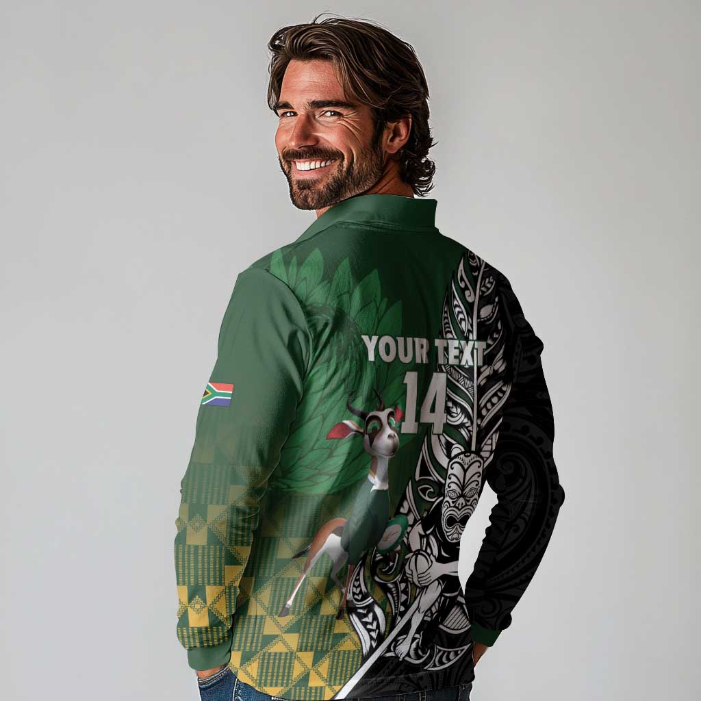 New Zealand and South Africa Rugby Custom Long Sleeve Polo Shirt Maori Tiki Fern Springboks Kente Pattern LT14 - Polynesian Pride