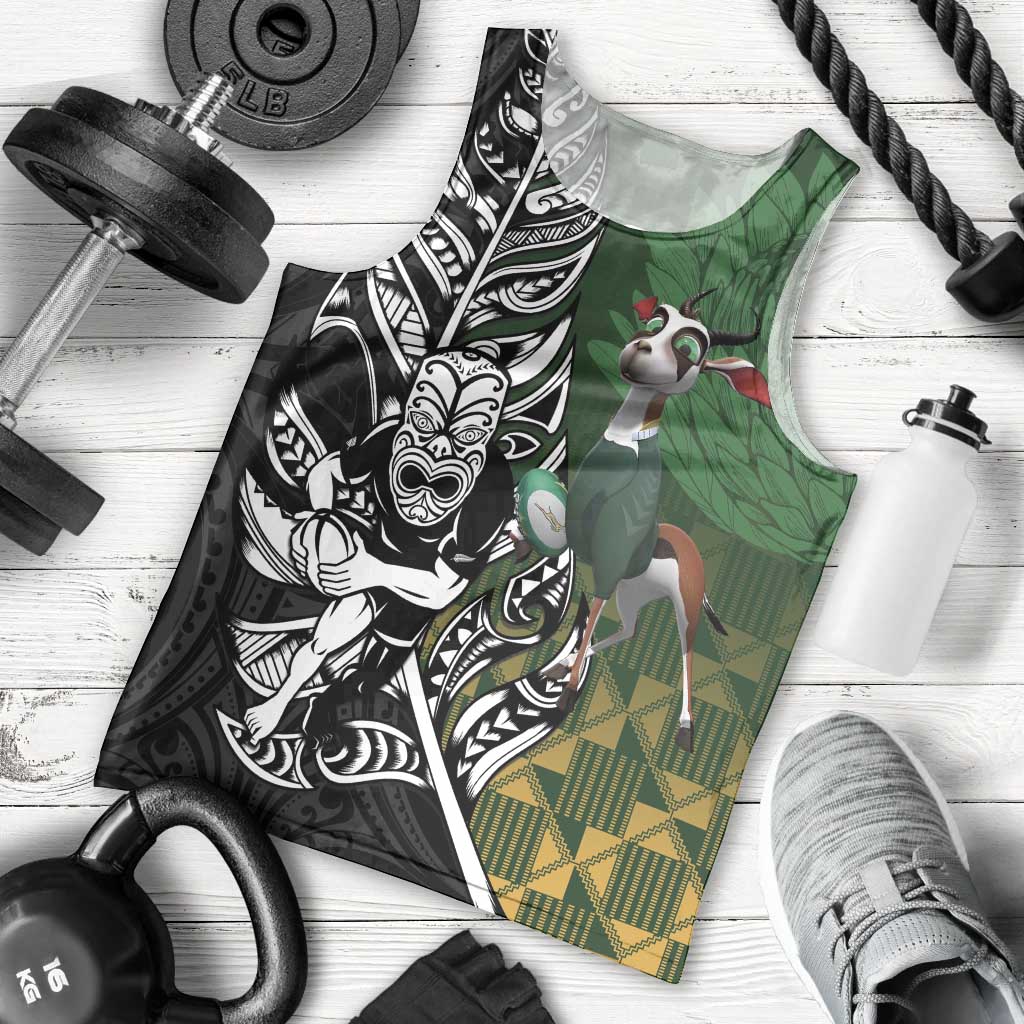New Zealand and South Africa Rugby Custom Men Tank Top Maori Tiki Fern Springboks Kente Pattern LT14 - Polynesian Pride