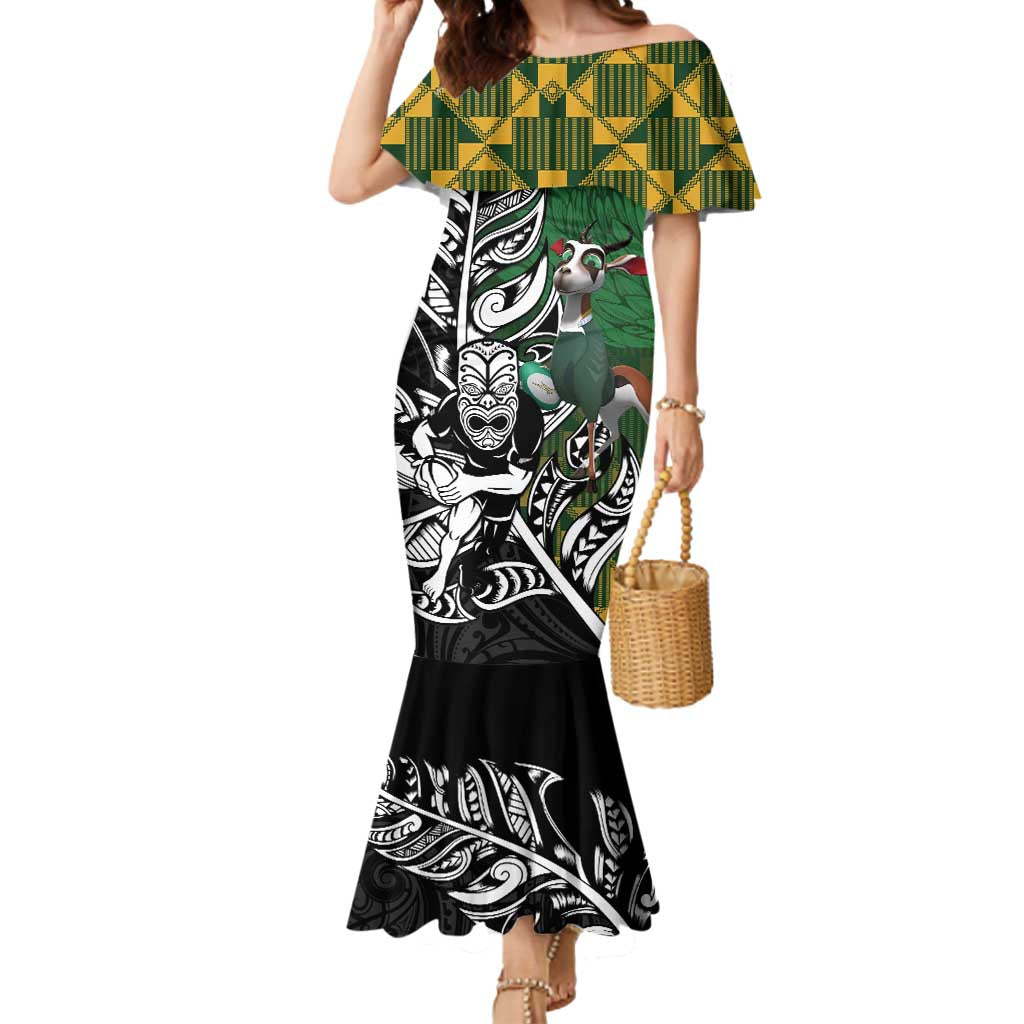 New Zealand and South Africa Rugby Custom Mermaid Dress Maori Tiki Fern Springboks Kente Pattern LT14 Women Green - Polynesian Pride
