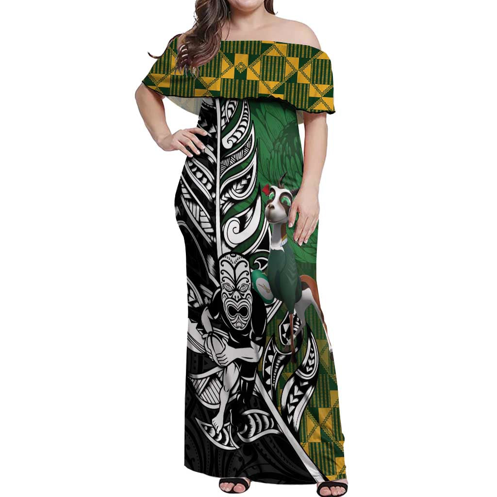 New Zealand and South Africa Rugby Custom Off Shoulder Maxi Dress Maori Tiki Fern Springboks Kente Pattern LT14 Women Green - Polynesian Pride