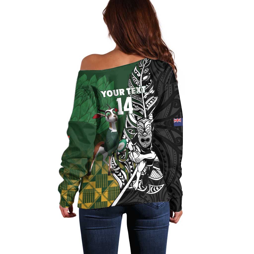 New Zealand and South Africa Rugby Custom Off Shoulder Sweater Maori Tiki Fern Springboks Kente Pattern LT14 - Polynesian Pride