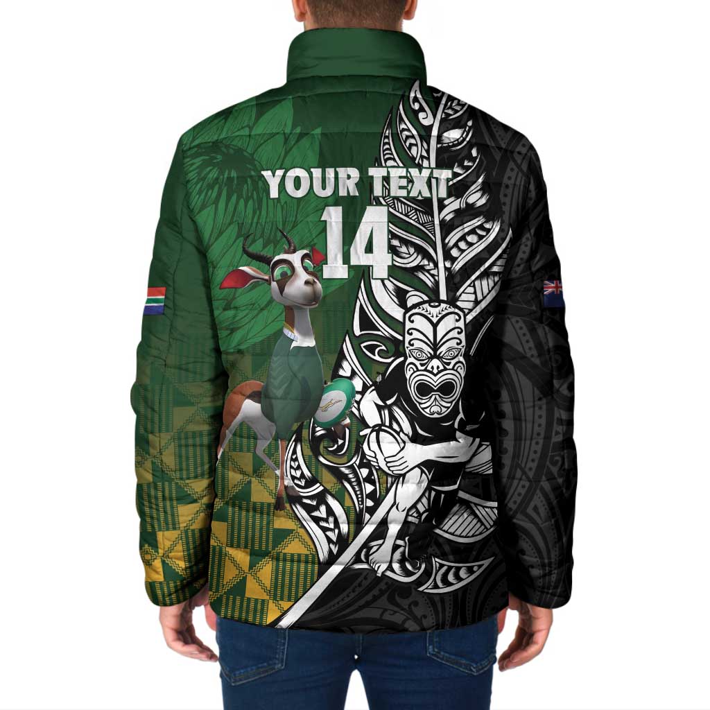 New Zealand and South Africa Rugby Custom Padded Jacket Maori Tiki Fern Springboks Kente Pattern LT14 - Polynesian Pride