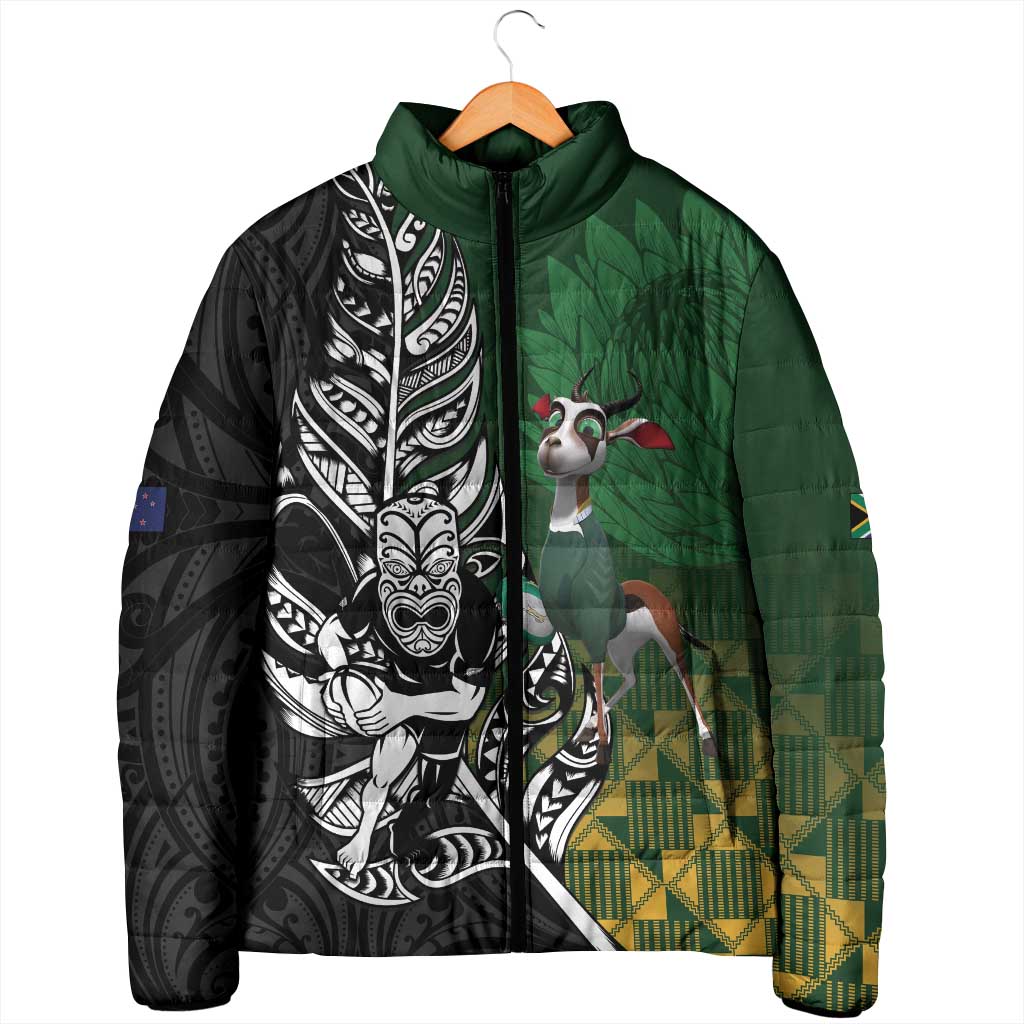 New Zealand and South Africa Rugby Custom Padded Jacket Maori Tiki Fern Springboks Kente Pattern LT14 - Polynesian Pride