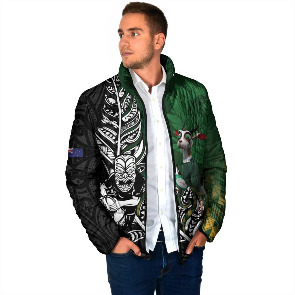 New Zealand and South Africa Rugby Custom Padded Jacket Maori Tiki Fern Springboks Kente Pattern LT14 - Polynesian Pride