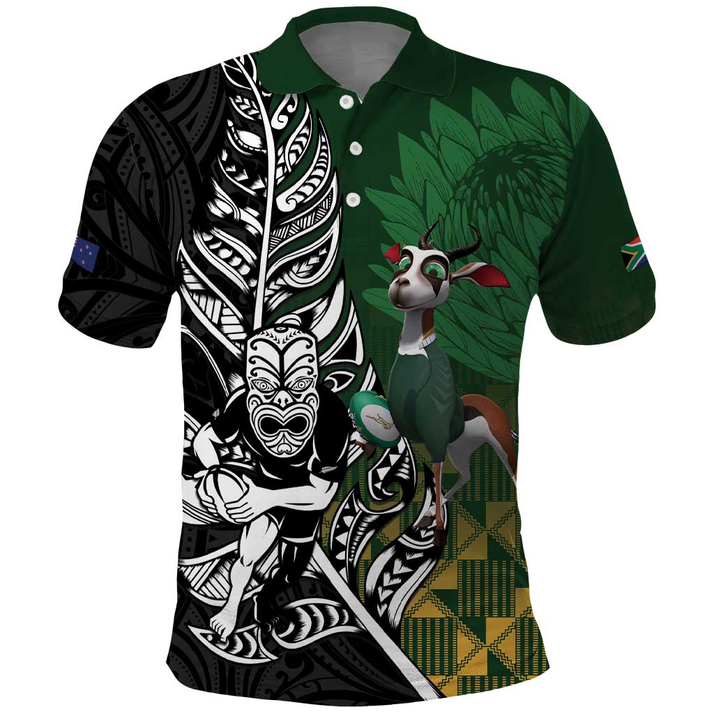 New Zealand and South Africa Rugby Custom Polo Shirt Maori Tiki Fern Springboks Kente Pattern LT14 Green - Polynesian Pride