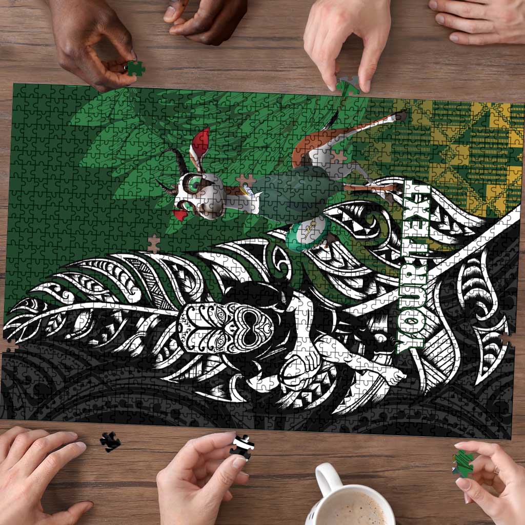 New Zealand and South Africa Rugby Custom Puzzle Maori Tiki Fern Springboks Kente Pattern LT14 - Polynesian Pride