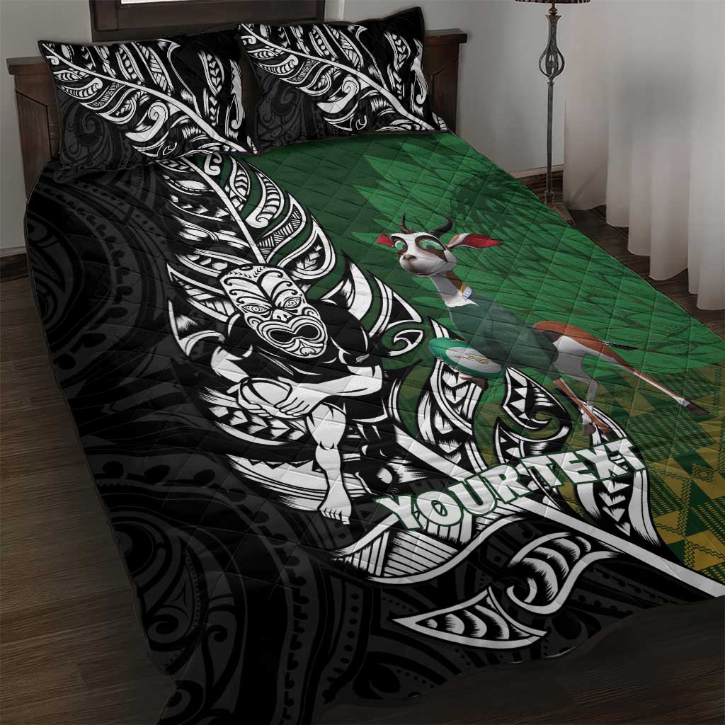 New Zealand and South Africa Rugby Custom Quilt Bed Set Maori Tiki Fern Springboks Kente Pattern LT14 Green - Polynesian Pride