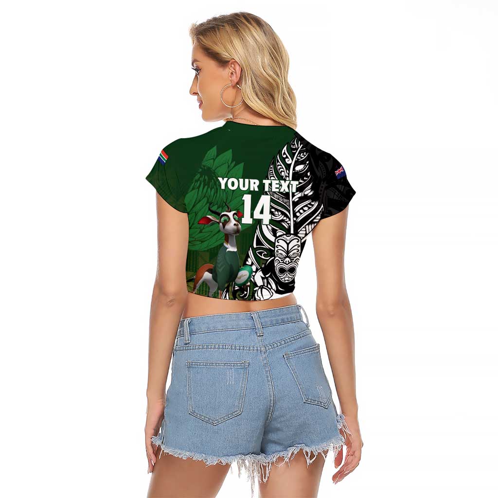 New Zealand and South Africa Rugby Custom Raglan Cropped T Shirt Maori Tiki Fern Springboks Kente Pattern - Polynesian Pride