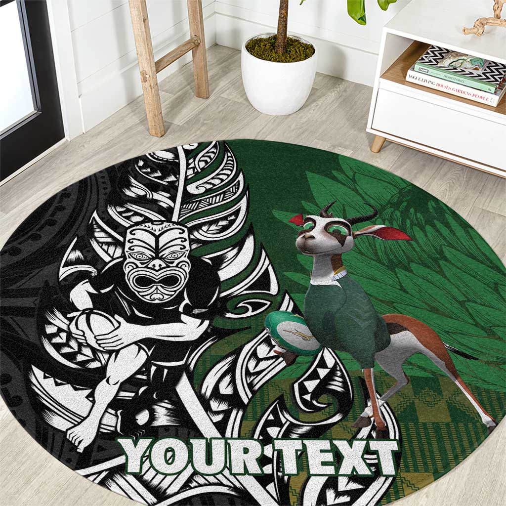 New Zealand and South Africa Rugby Custom Round Carpet Maori Tiki Fern Springboks Kente Pattern - Polynesian Pride