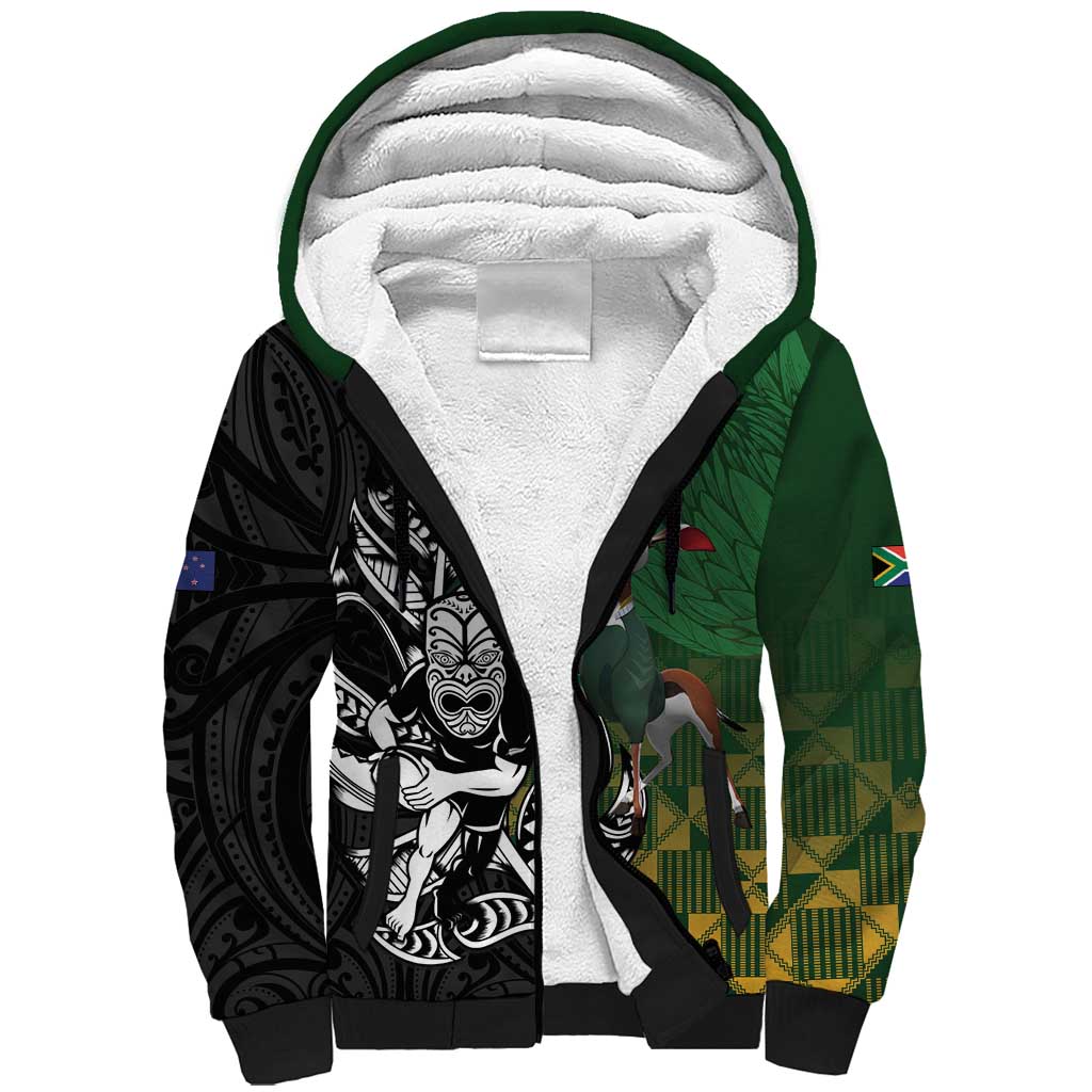 New Zealand and South Africa Rugby Custom Sherpa Hoodie Maori Tiki Fern Springboks Kente Pattern LT14 Unisex Green - Polynesian Pride