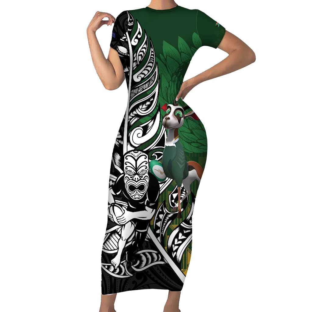New Zealand and South Africa Rugby Custom Short Sleeve Bodycon Dress Maori Tiki Fern Springboks Kente Pattern - Polynesian Pride
