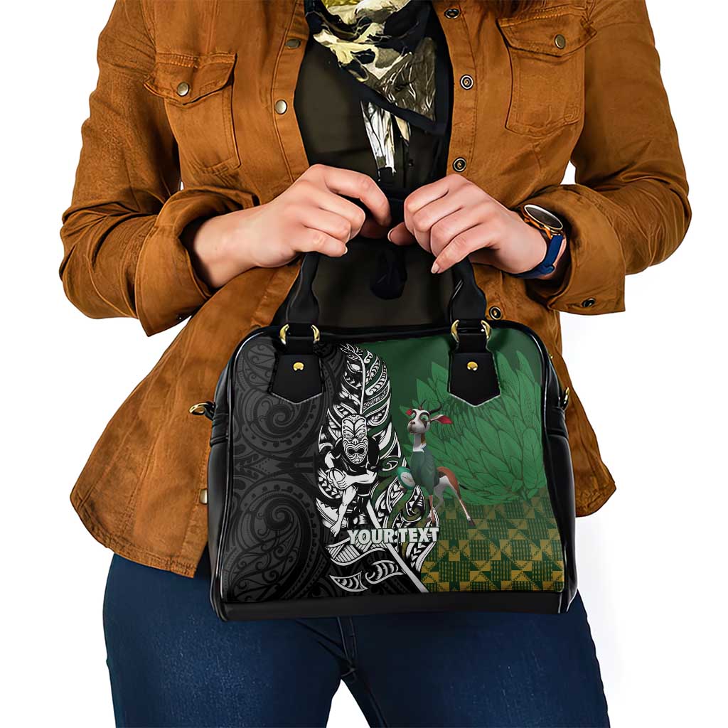 New Zealand and South Africa Rugby Custom Shoulder Handbag Maori Tiki Fern Springboks Kente Pattern LT14 - Polynesian Pride