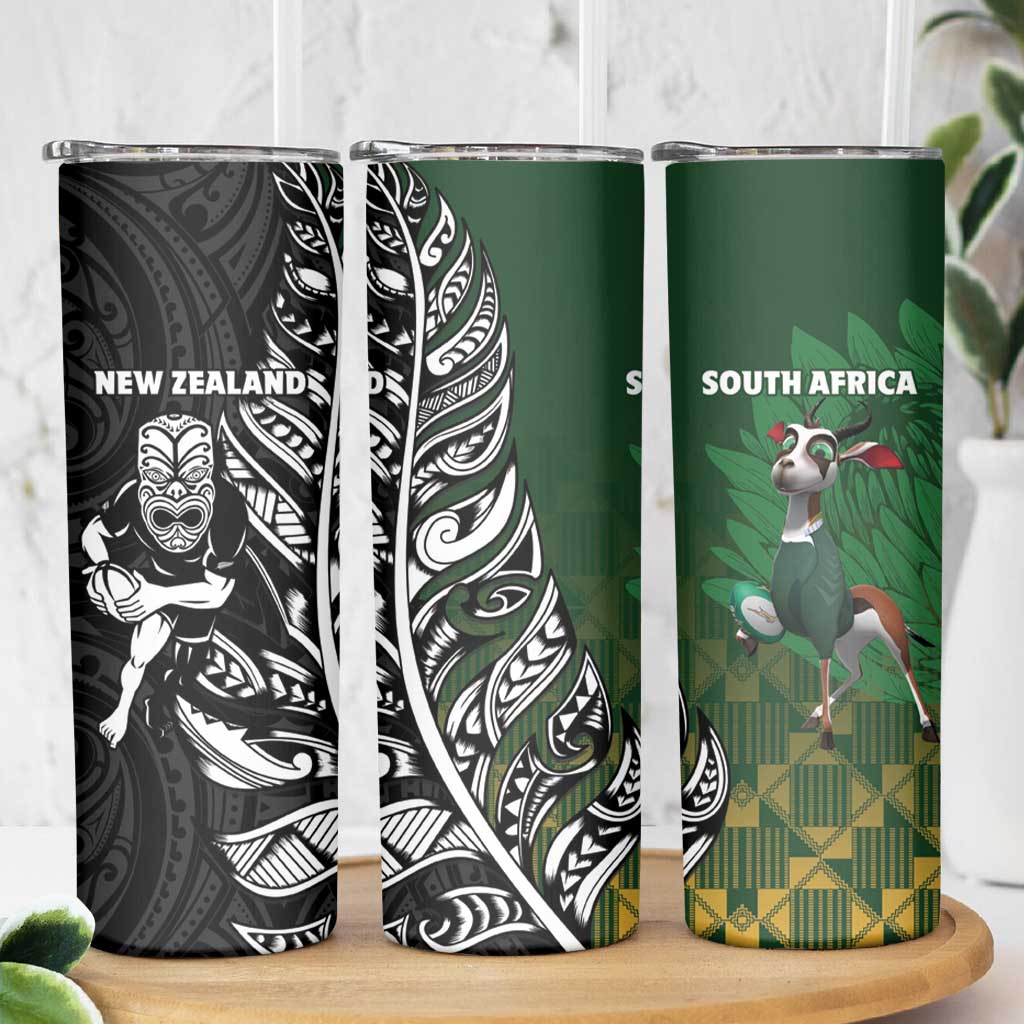 New Zealand and South Africa Rugby Skinny Tumbler Maori Tiki Fern Springboks Kente Pattern LT14 - Polynesian Pride