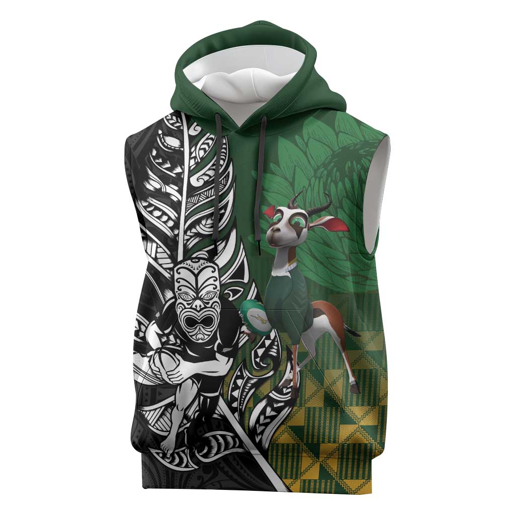 New Zealand and South Africa Rugby Custom Sleeveless Hoodie Maori Tiki Fern Springboks Kente Pattern LT14 Green - Polynesian Pride