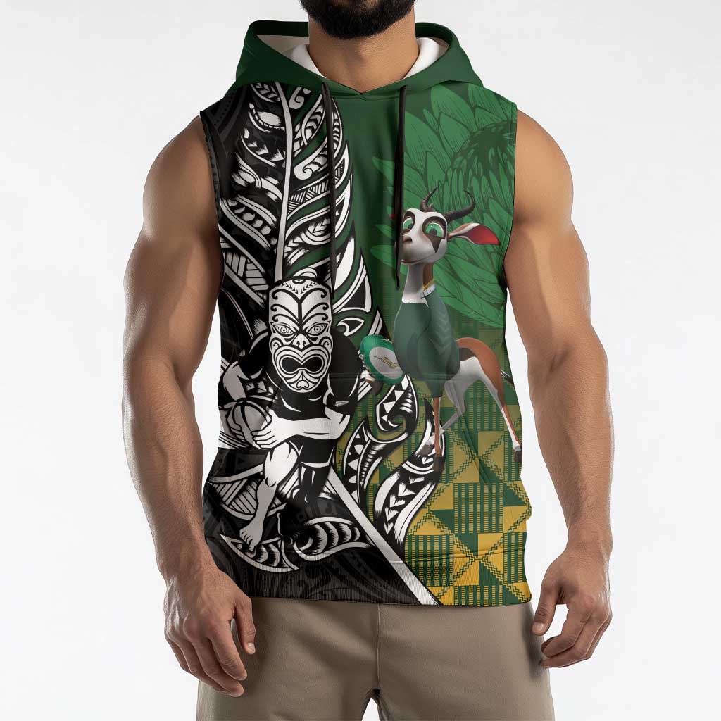 New Zealand and South Africa Rugby Custom Sleeveless Hoodie Maori Tiki Fern Springboks Kente Pattern LT14 - Polynesian Pride