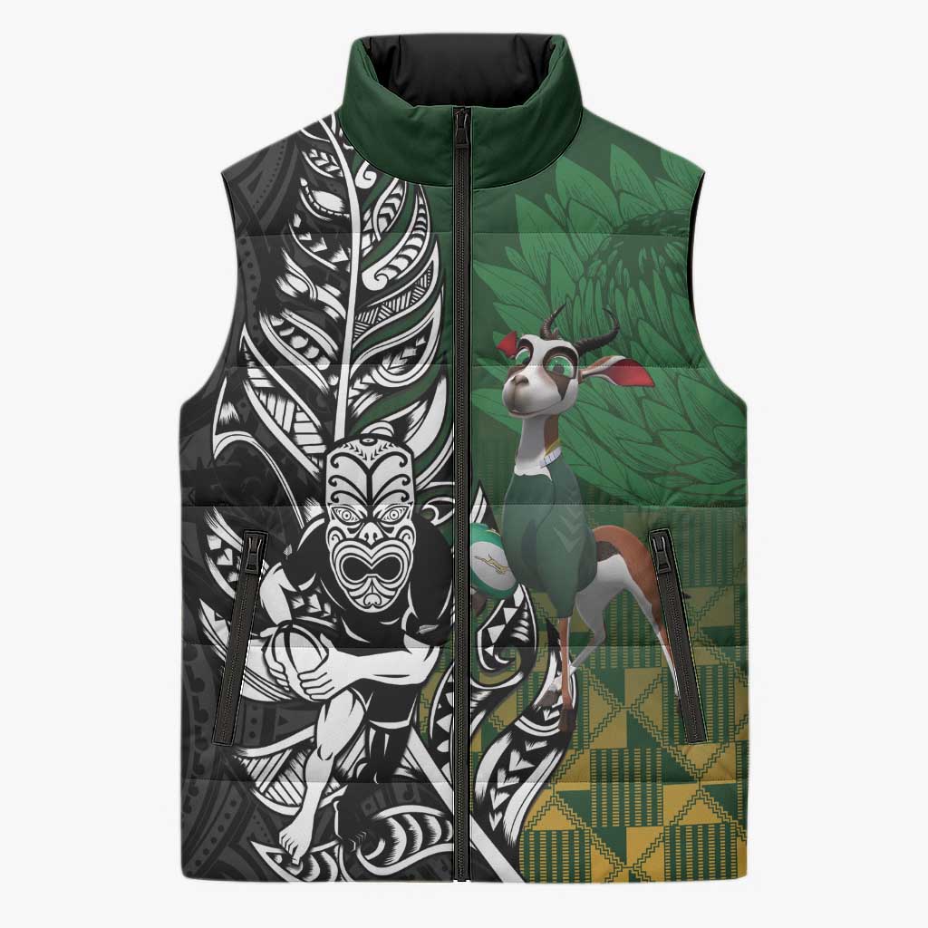 New Zealand and South Africa Rugby Custom Sleeveless Puffer Jacket Maori Tiki Fern Springboks Kente Pattern LT14 Unisex Green - Polynesian Pride