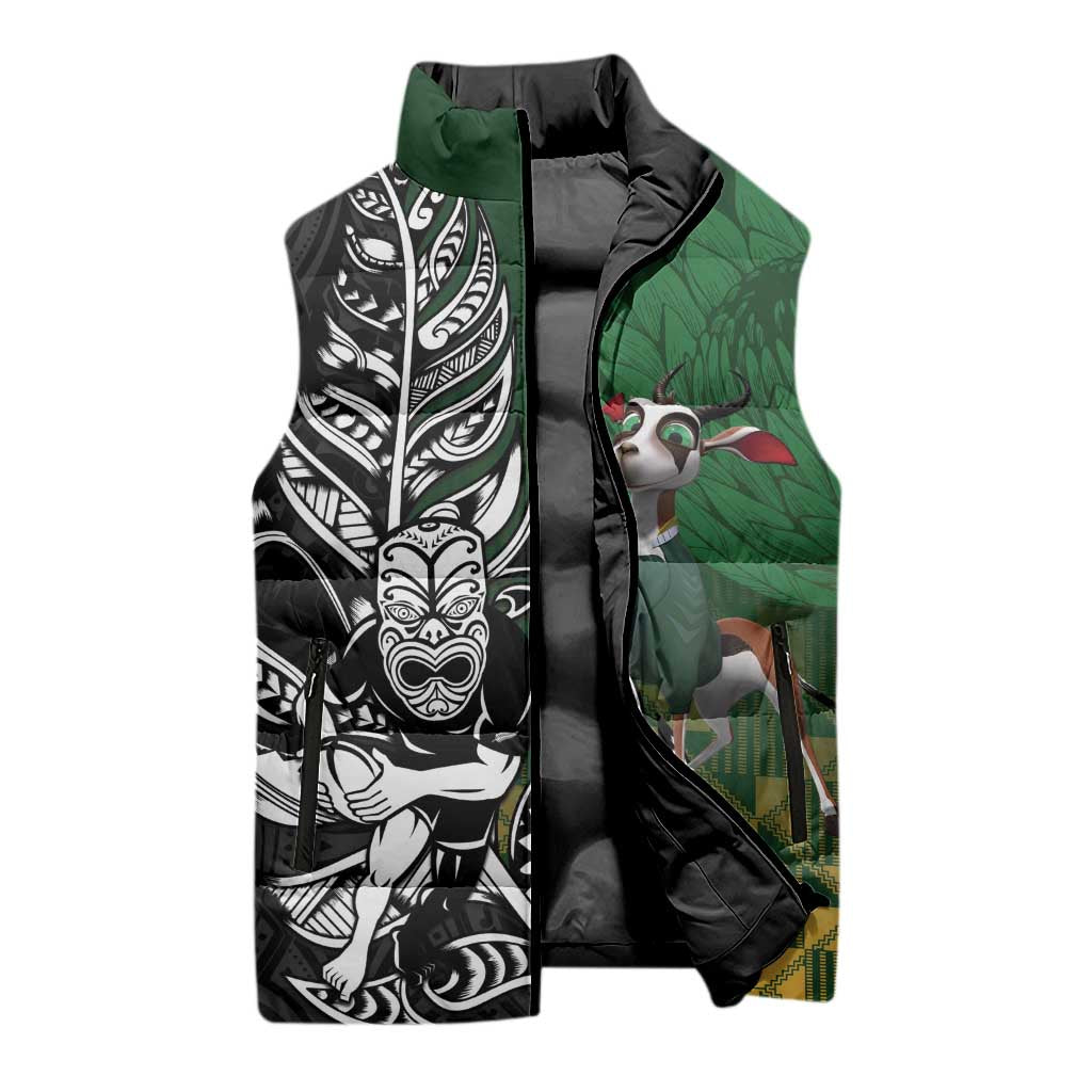 New Zealand and South Africa Rugby Custom Sleeveless Puffer Jacket Maori Tiki Fern Springboks Kente Pattern LT14 - Polynesian Pride