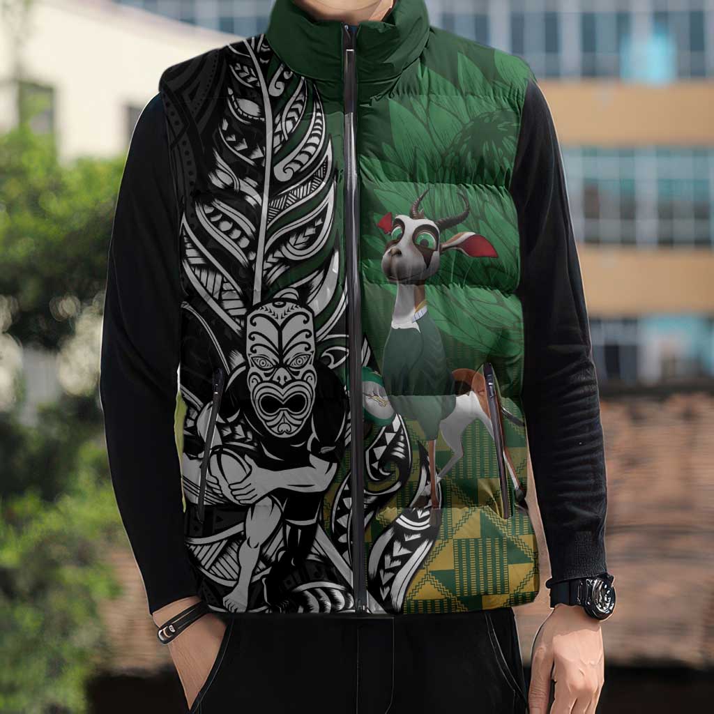 New Zealand and South Africa Rugby Custom Sleeveless Puffer Jacket Maori Tiki Fern Springboks Kente Pattern LT14 - Polynesian Pride