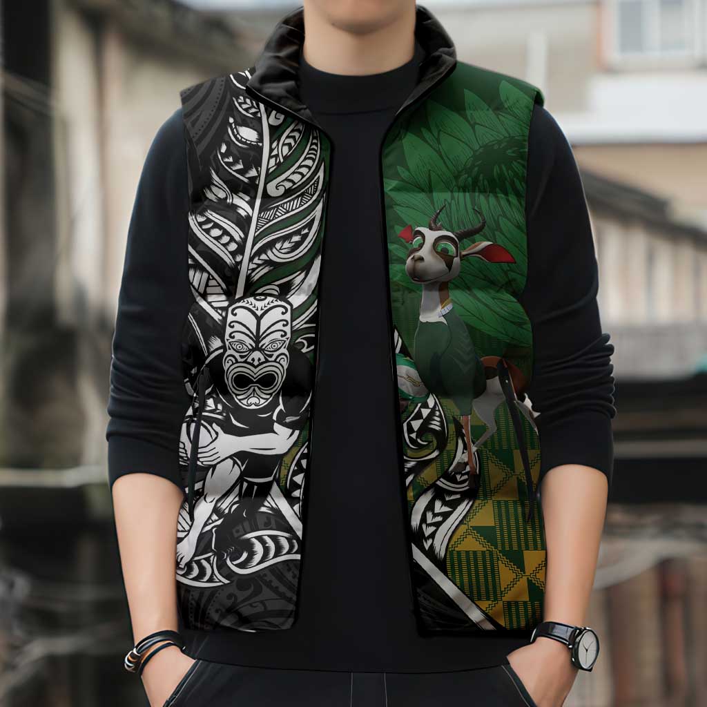 New Zealand and South Africa Rugby Custom Sleeveless Puffer Jacket Maori Tiki Fern Springboks Kente Pattern LT14 - Polynesian Pride