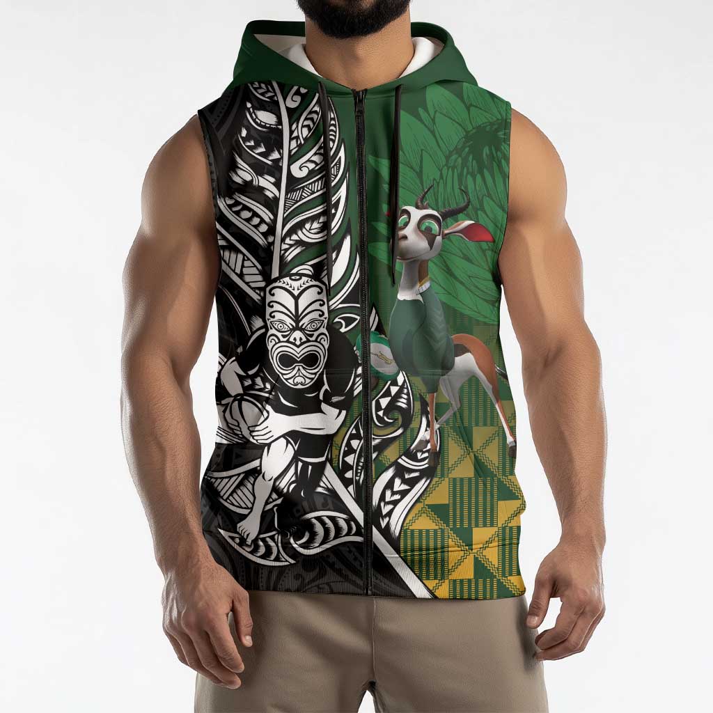 New Zealand and South Africa Rugby Custom Sleeveless Zip Hoodie Maori Tiki Fern Springboks Kente Pattern LT14 - Polynesian Pride