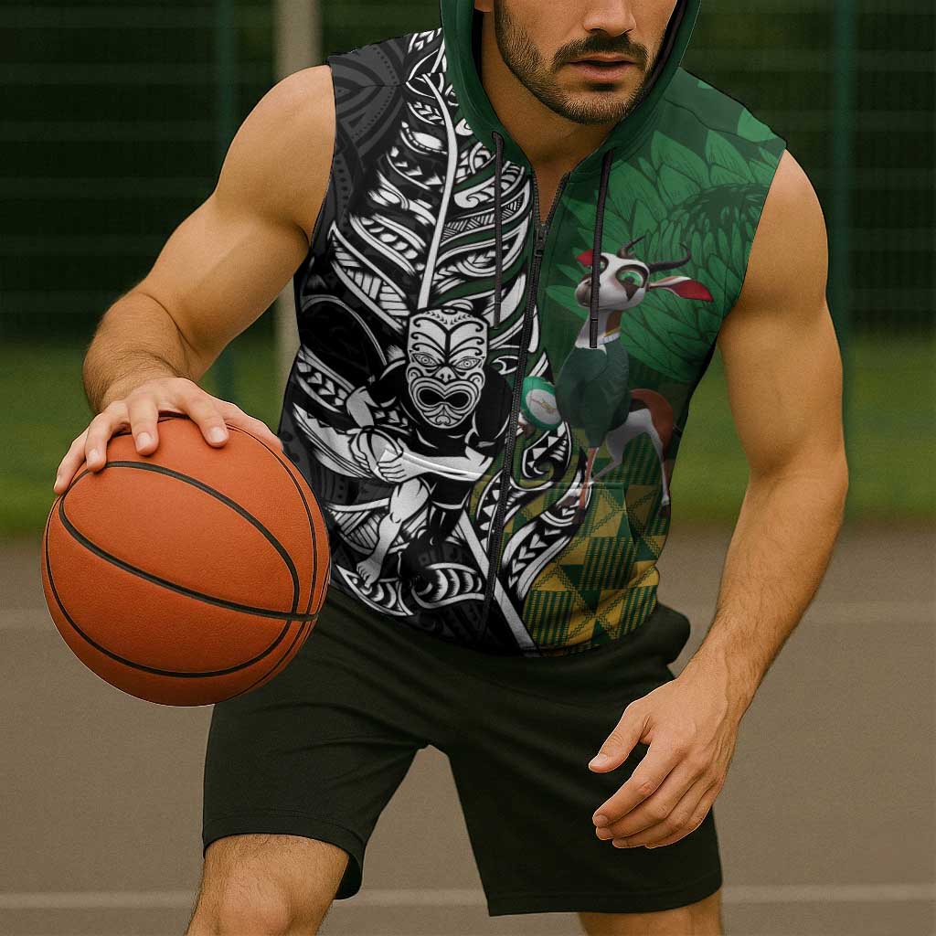 New Zealand and South Africa Rugby Custom Sleeveless Zip Hoodie Maori Tiki Fern Springboks Kente Pattern LT14 - Polynesian Pride