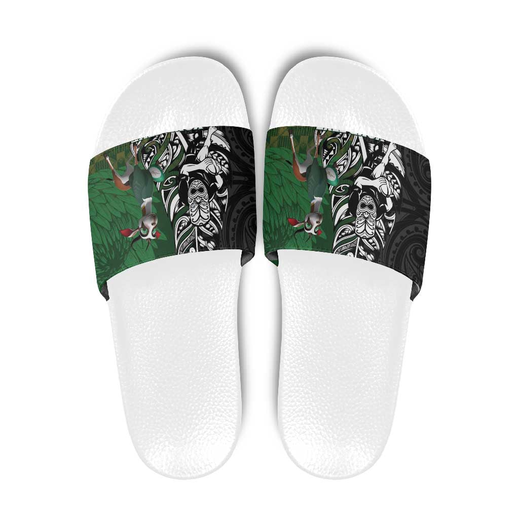 New Zealand and South Africa Rugby Custom Slide Sandals Maori Tiki Fern Springboks Kente Pattern LT14 Green - Polynesian Pride