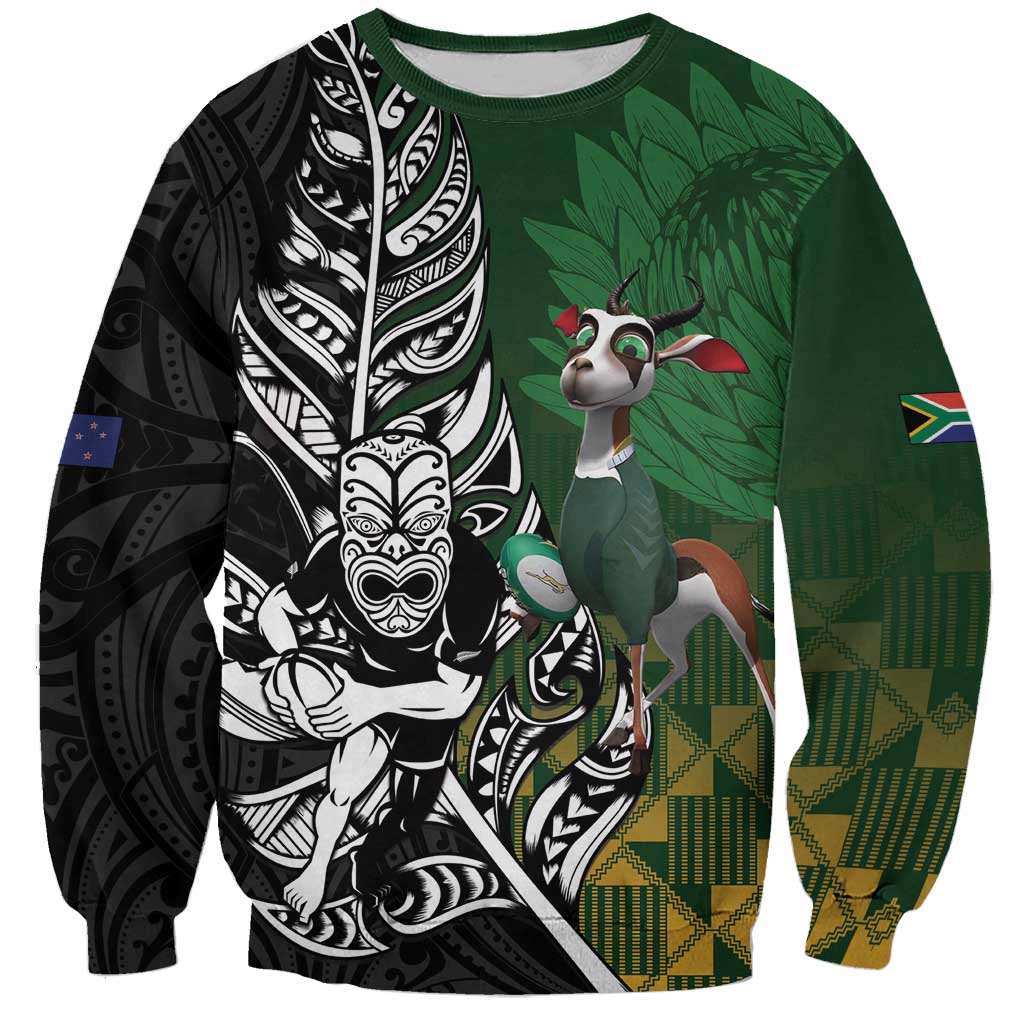New Zealand and South Africa Rugby Custom Sweatshirt Maori Tiki Fern Springboks Kente Pattern - Polynesian Pride