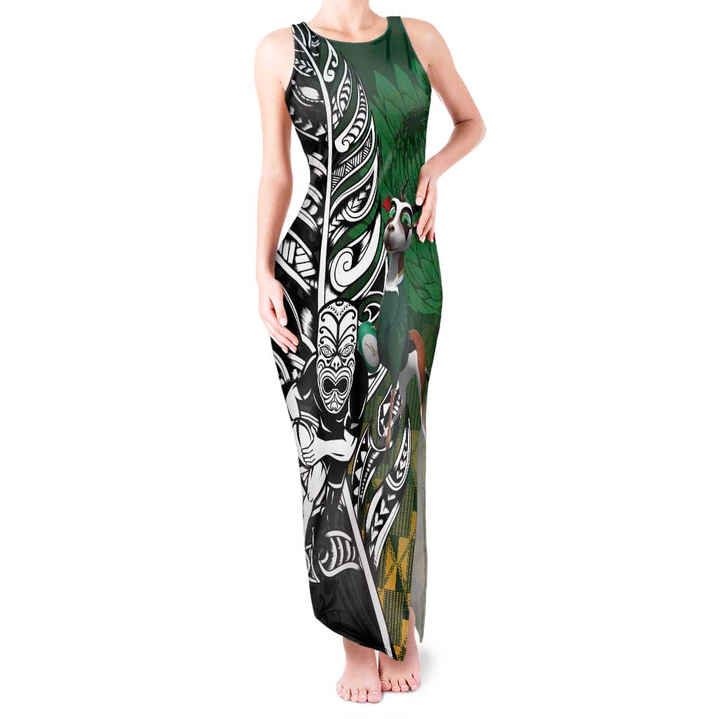 New Zealand and South Africa Rugby Custom Tank Maxi Dress Maori Tiki Fern Springboks Kente Pattern LT14 Women Green - Polynesian Pride