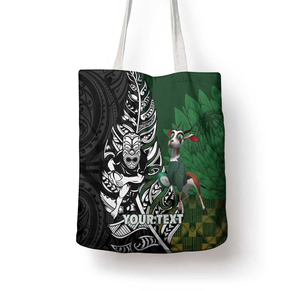 New Zealand and South Africa Rugby Custom Tote Bag Maori Tiki Fern Springboks Kente Pattern LT14 - Polynesian Pride