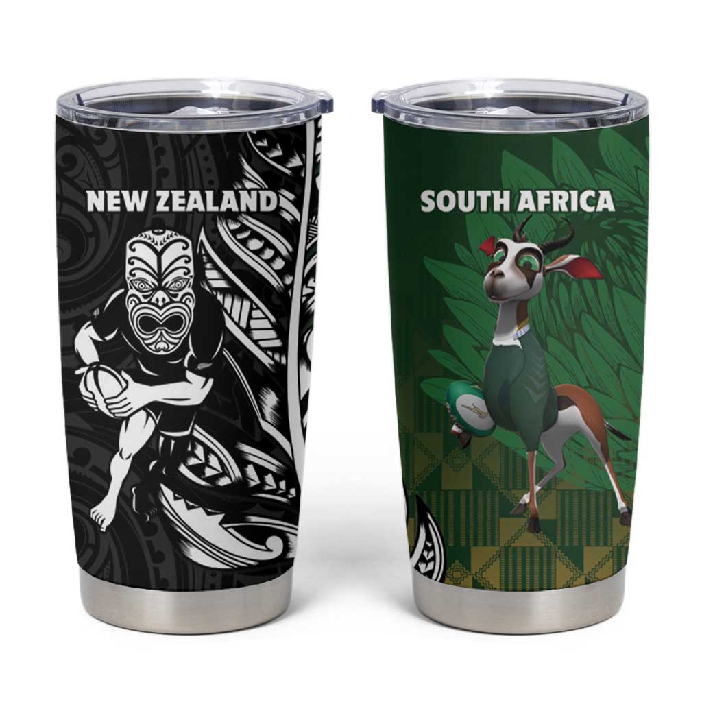 New Zealand and South Africa Rugby Tumbler Cup Maori Tiki Fern Springboks Kente Pattern LT14 Green - Polynesian Pride