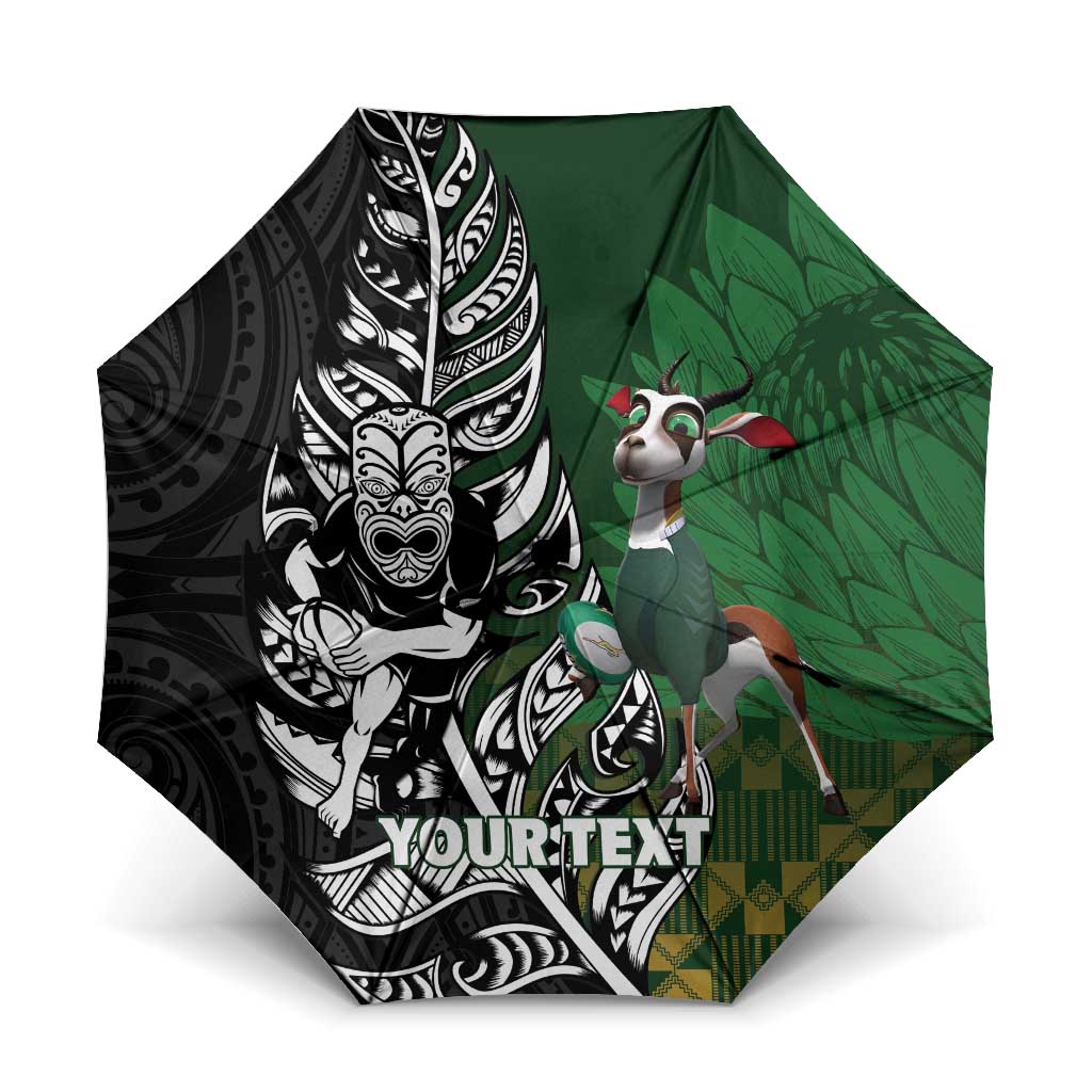 New Zealand and South Africa Rugby Custom Umbrella Maori Tiki Fern Springboks Kente Pattern LT14 One Size Folded 11.42 inch Opened Diameter 37.4 inch Green - Polynesian Pride