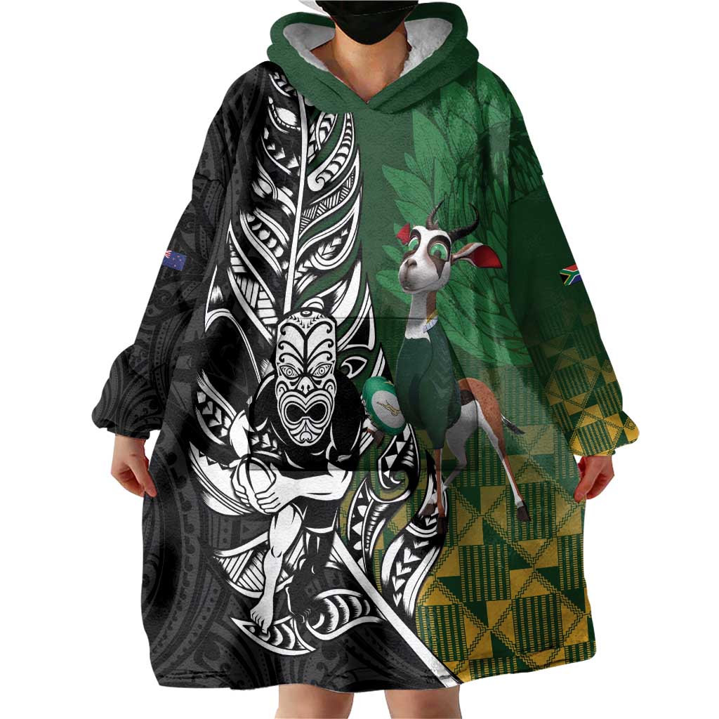 New Zealand and South Africa Rugby Custom Wearable Blanket Hoodie Maori Tiki Fern Springboks Kente Pattern LT14 - Polynesian Pride