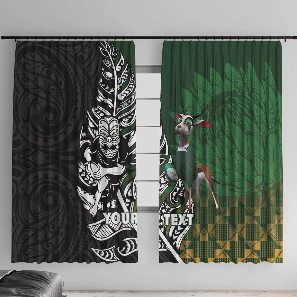 New Zealand and South Africa Rugby Custom Window Curtain Maori Tiki Fern Springboks Kente Pattern LT14 With Hooks Green - Polynesian Pride